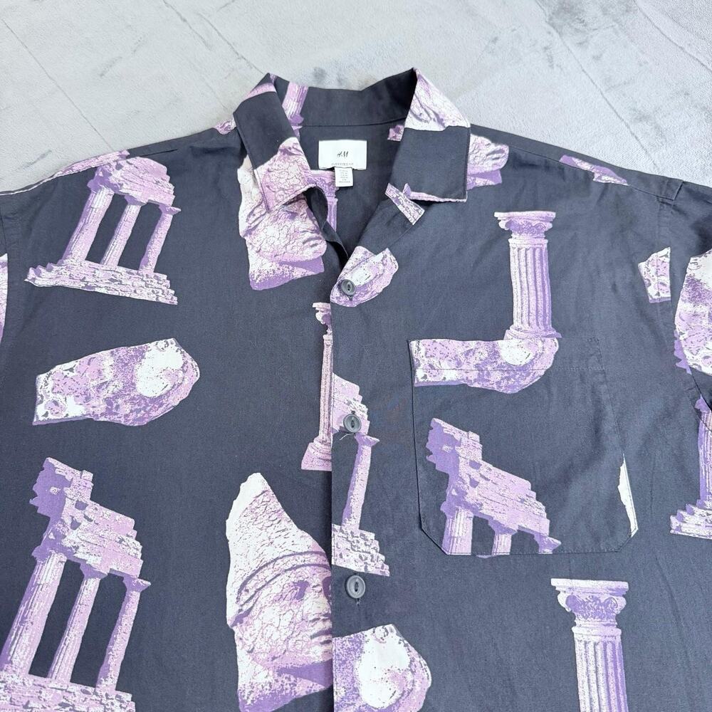 H&M Short Sleeve Black Purple Ancient Greek AOP Shirt Sz XXL Oversized Retro Y2K - Picture 8 of 14